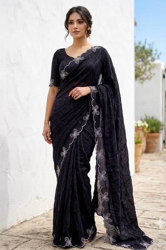 Black color fendy satin space silk blend solid diamond siroski work saree with un-stitched blouse
