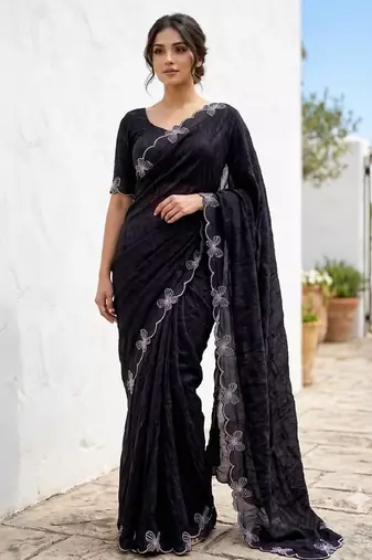Black color fendy satin space silk blend solid diamond siroski work saree with un-stitched blouse