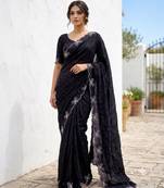 Black color fendy satin space silk blend solid diamond siroski work saree with un-stitched blouse