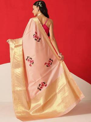 Peach printed tissue traditional saree with blouse piece 2
