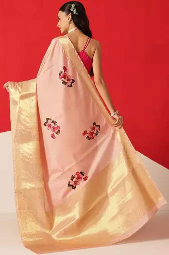 Peach printed tissue traditional saree with blouse piece
