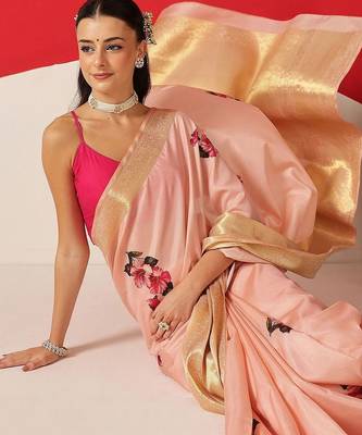 Peach printed tissue traditional saree with blouse piece 3