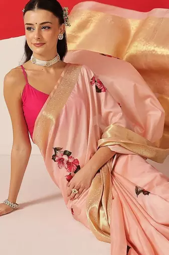 Peach printed tissue traditional saree with blouse piece