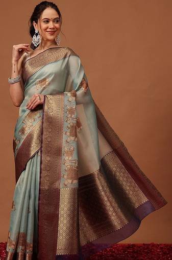 Sea green printed art silk ethnic saree with blouse piece