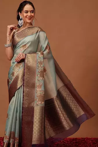 Sea green printed art silk ethnic saree with blouse piece