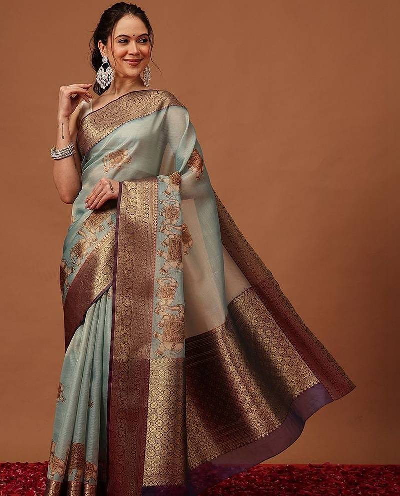 Sea green printed art silk ethnic saree with blouse piece