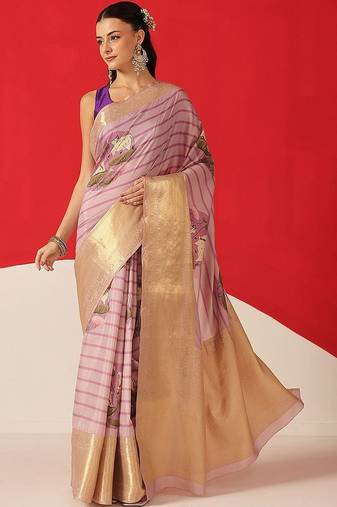 Lavender printed tissue traditional saree with blouse piece