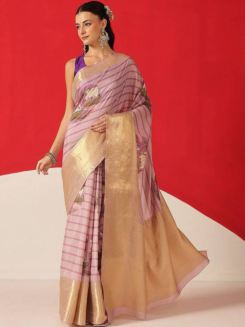 Lavender printed tissue traditional saree with blouse piece