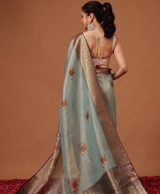 Sea green printed art silk ethnic saree with blouse piece 2