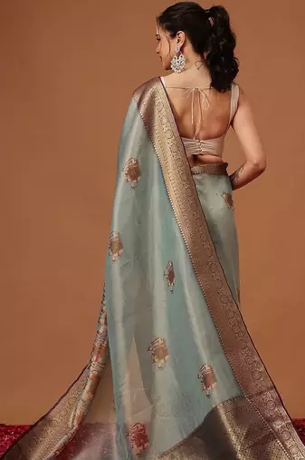 Sea green printed art silk ethnic saree with blouse piece