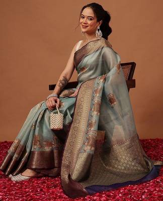 Sea green printed art silk ethnic saree with blouse piece 3
