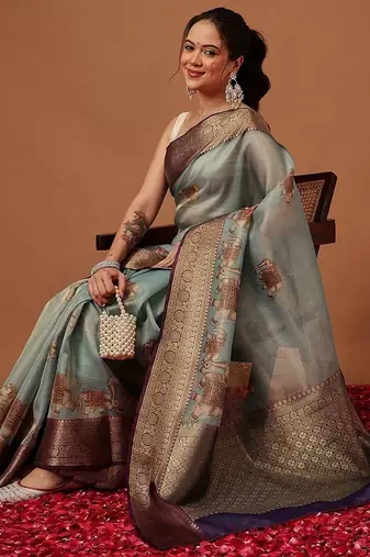 Sea green printed art silk ethnic saree with blouse piece