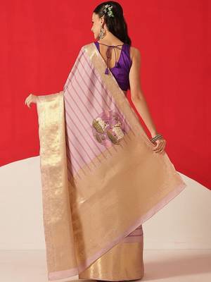 Lavender printed tissue traditional saree with blouse piece 2