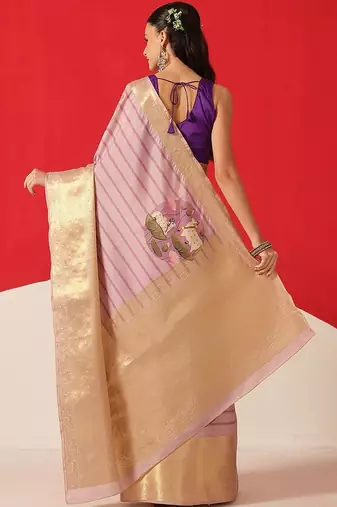 Lavender printed tissue traditional saree with blouse piece