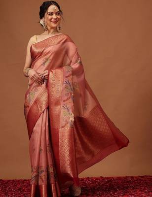 Peach woven art silk traditional saree with blouse piece 1
