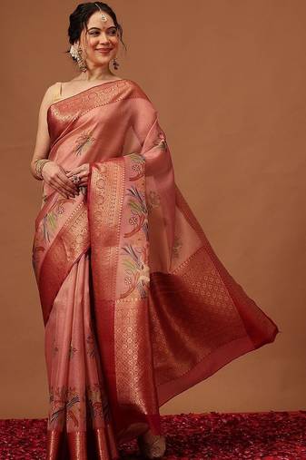 Peach woven art silk traditional saree with blouse piece