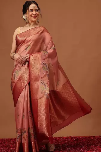 Peach woven art silk traditional saree with blouse piece