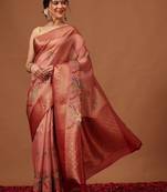 Peach woven art silk traditional saree with blouse piece
