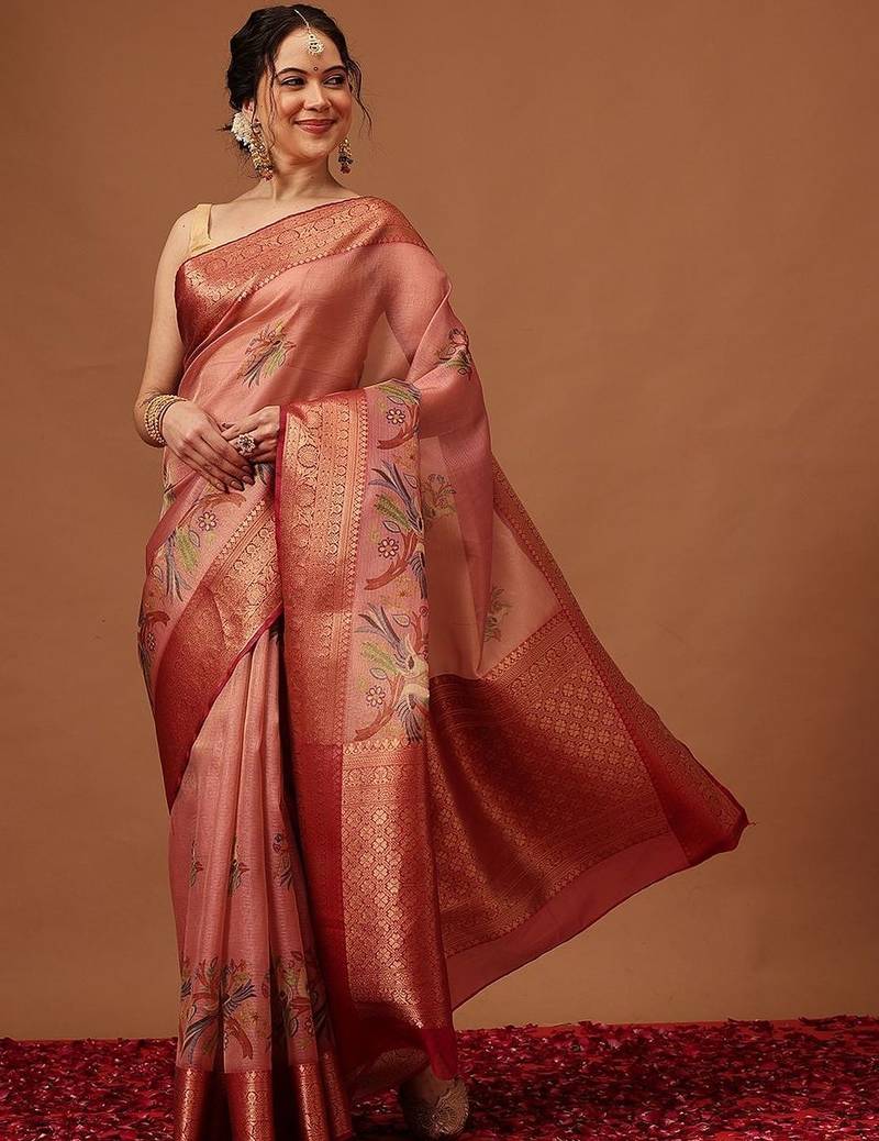 Peach woven art silk traditional saree with blouse piece