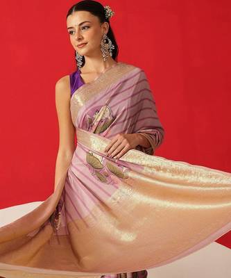 Lavender printed tissue traditional saree with blouse piece 3