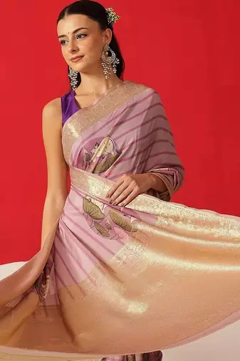 Lavender printed tissue traditional saree with blouse piece