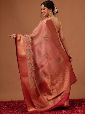 Peach woven art silk traditional saree with blouse piece 2
