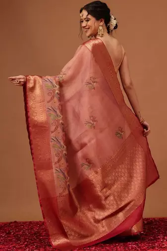 Peach woven art silk traditional saree with blouse piece