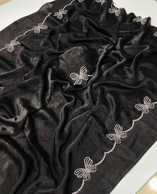 Black fendy satin space silk blend solid diamond siroski work saree with un-stitched blouse 2