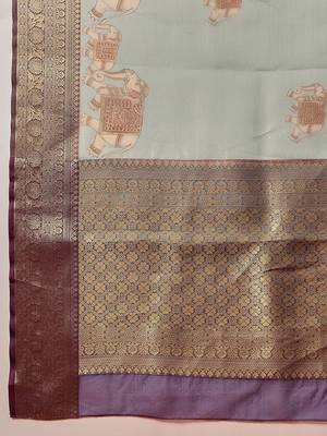 Sea green printed art silk ethnic saree with blouse piece 5