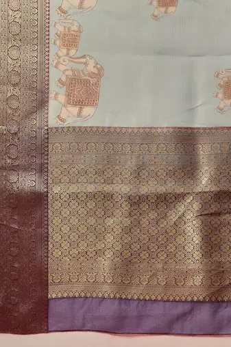Sea green printed art silk ethnic saree with blouse piece