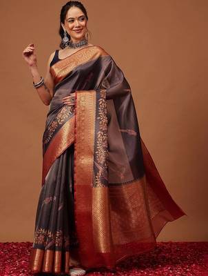 Grey printed art silk ethnic saree with blouse piece 1