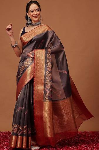 Grey printed art silk ethnic saree with blouse piece