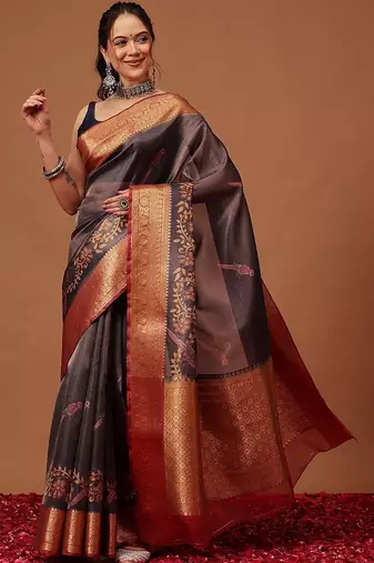 Grey printed art silk ethnic saree with blouse piece