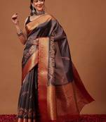 Grey printed art silk ethnic saree with blouse piece