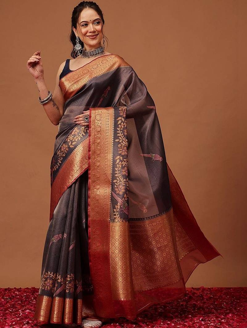 Grey printed art silk ethnic saree with blouse piece