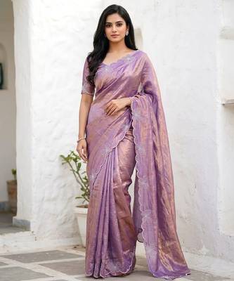 Levender fendy satin space silk blend solid diamond siroski work saree with un-stitched blouse 1