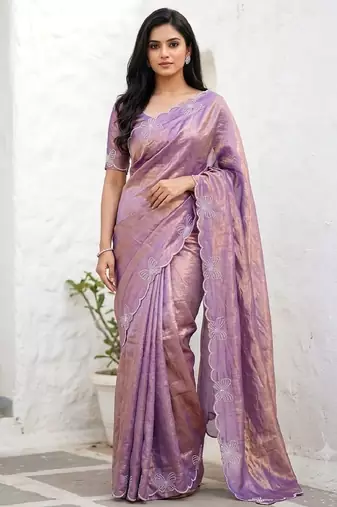 Levender color fendy satin space silk blend solid diamond siroski work saree with un-stitched blouse