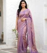 Levender color fendy satin space silk blend solid diamond siroski work saree with un-stitched blouse