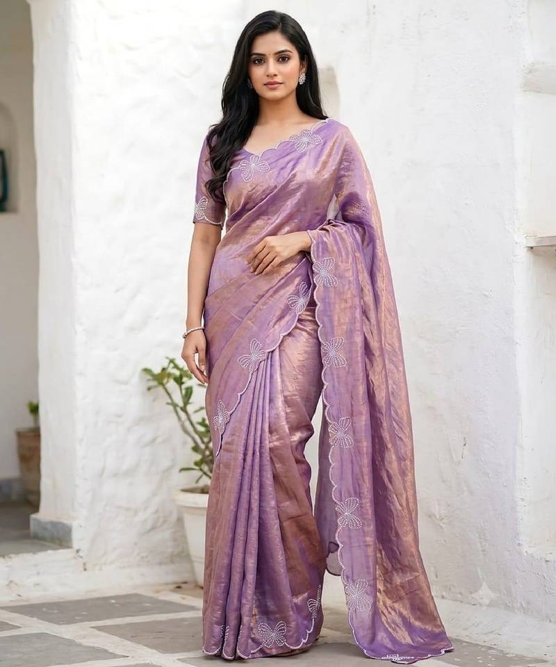Levender color fendy satin space silk blend solid diamond siroski work saree with un-stitched blouse