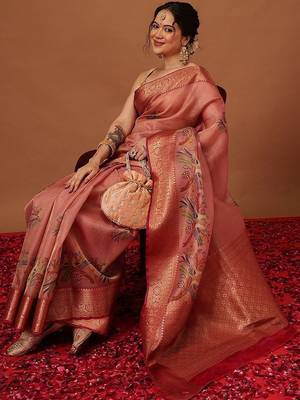 Peach woven art silk traditional saree with blouse piece 3