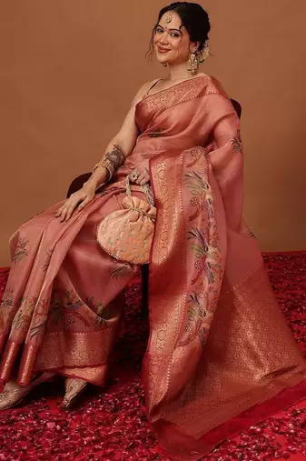 Peach woven art silk traditional saree with blouse piece