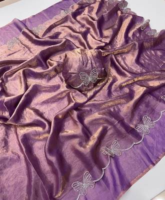 Levender fendy satin space silk blend solid diamond siroski work saree with un-stitched blouse 2