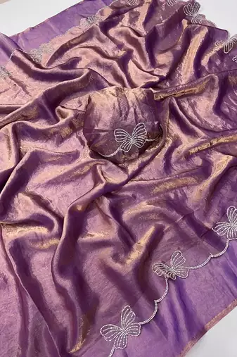 Levender color fendy satin space silk blend solid diamond siroski work saree with un-stitched blouse