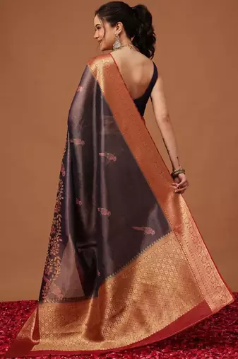 Grey printed art silk ethnic saree with blouse piece