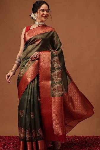 Olive printed art silk ethnic saree with blouse piece