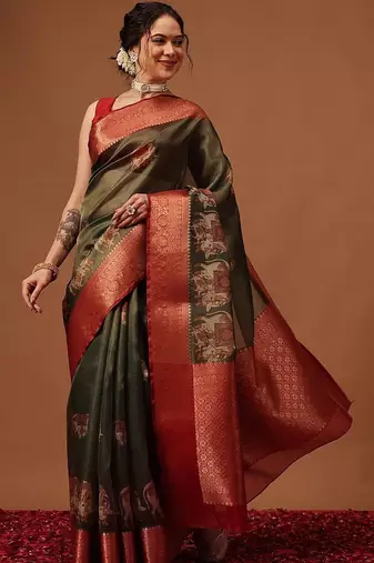 Olive printed art silk ethnic saree with blouse piece