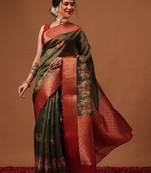 Olive printed art silk ethnic saree with blouse piece