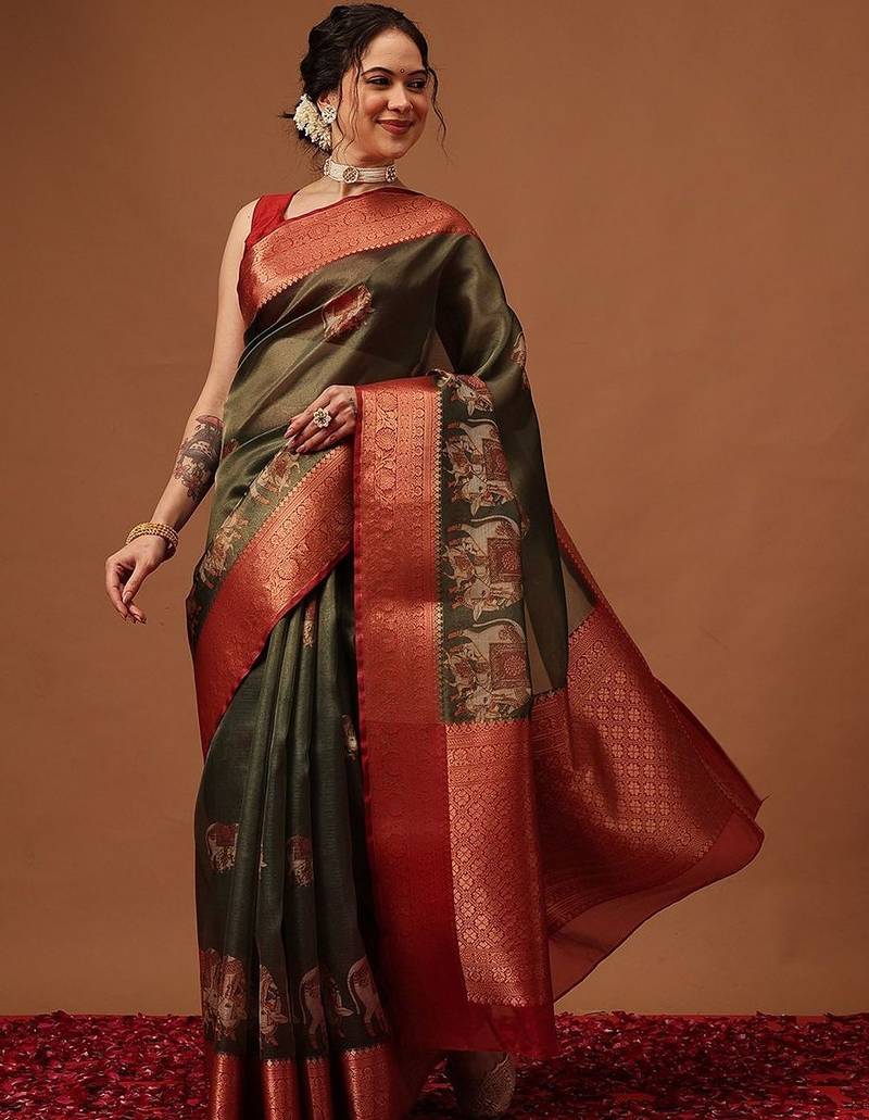 Olive printed art silk ethnic saree with blouse piece