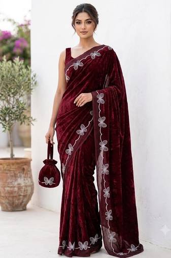 Maroon color fendy satin space silk blend solid diamond siroski work saree with un-stitched blouse