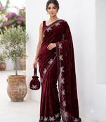 Maroon color fendy satin space silk blend solid diamond siroski work saree with un-stitched blouse